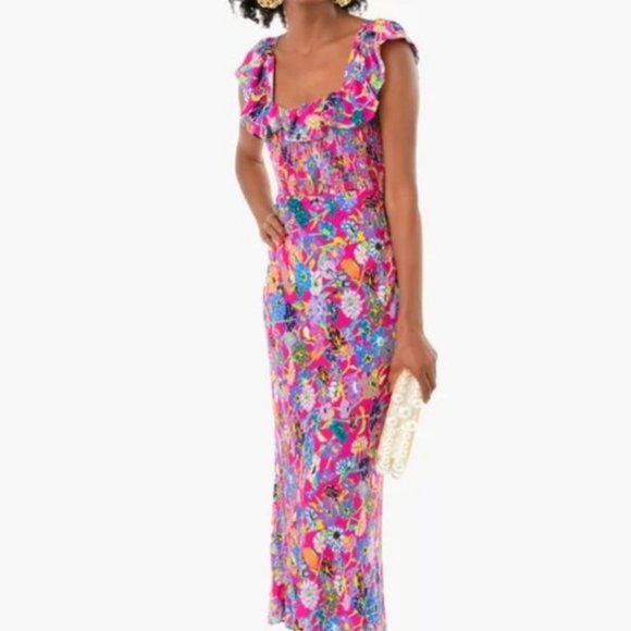 Tanya Taylor Jessa Pink Silk Floral Print Ruffle Sleeve Smocked Midi Dress NWT - Picture 2 of 10